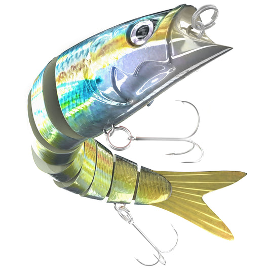 INNOTAK multi-jointed swimbait fishing lure, single 5.63 inch slow sinking lure in Predator Catcher shad pattern with 2 Mustad treble hooks
