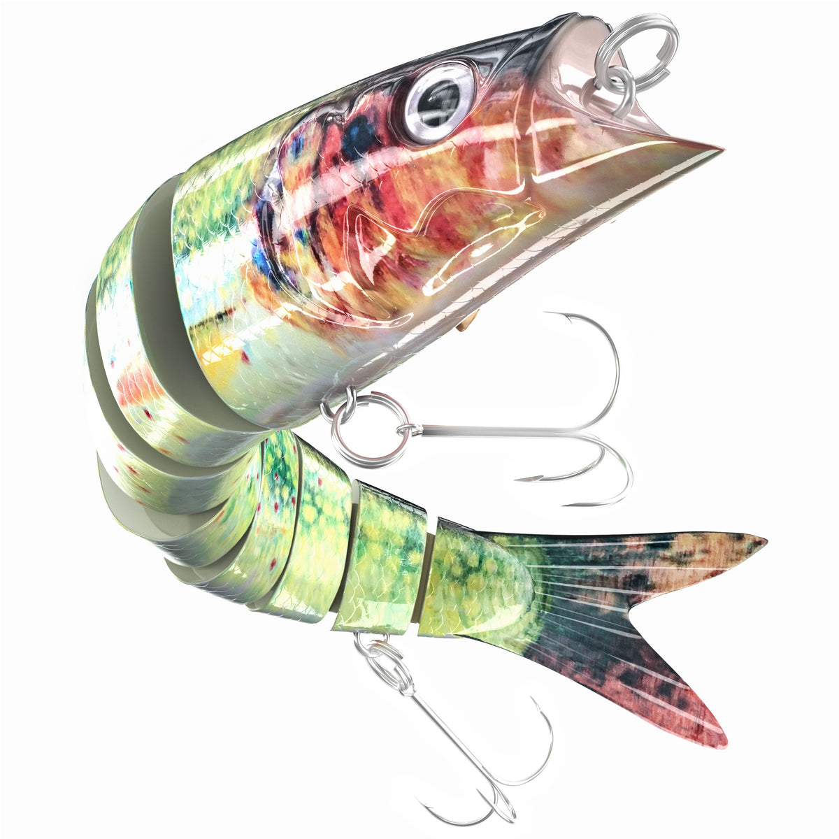 INNOTAK multi-jointed swimbait fishing lure, single 5.63 inch slow sinking lure in Tricky Snake rainbow trout pattern with 2 Mustad treble hooks