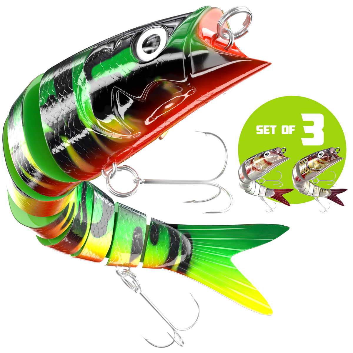 INNOTAK multi-jointed swimbait fishing lures set of 3 – 5.63 inch fire tiger jointed swimbait with Mustad treble hooks