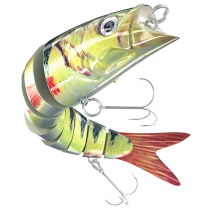 INNOTAK multi-jointed swimbait fishing lure, single 5.63 inch slow sinking lure in Bass Hunter perch pattern with 2 Mustad treble hooks