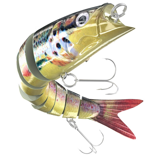 INNOTAK multi-jointed swimbait fishing lure, single 5.63 inch slow sinking lure in Bloody Harry trout pattern with 2 Mustad treble hooks