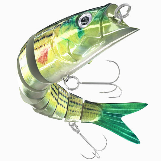 INNOTAK multi-jointed swimbait fishing lure, single 5.63 inch slow sinking lure in Alligator Harry color with 2 Mustad treble hooks