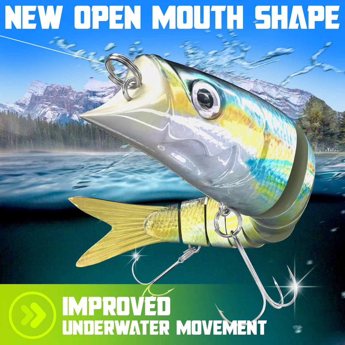 Shad pattern jointed swimbait with new open mouth shape for improved underwater movement – striped bass lure