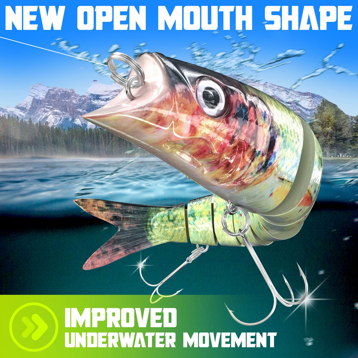 Rainbow trout pattern jointed swimbait with new open mouth shape for improved underwater movement – bass and pike lure