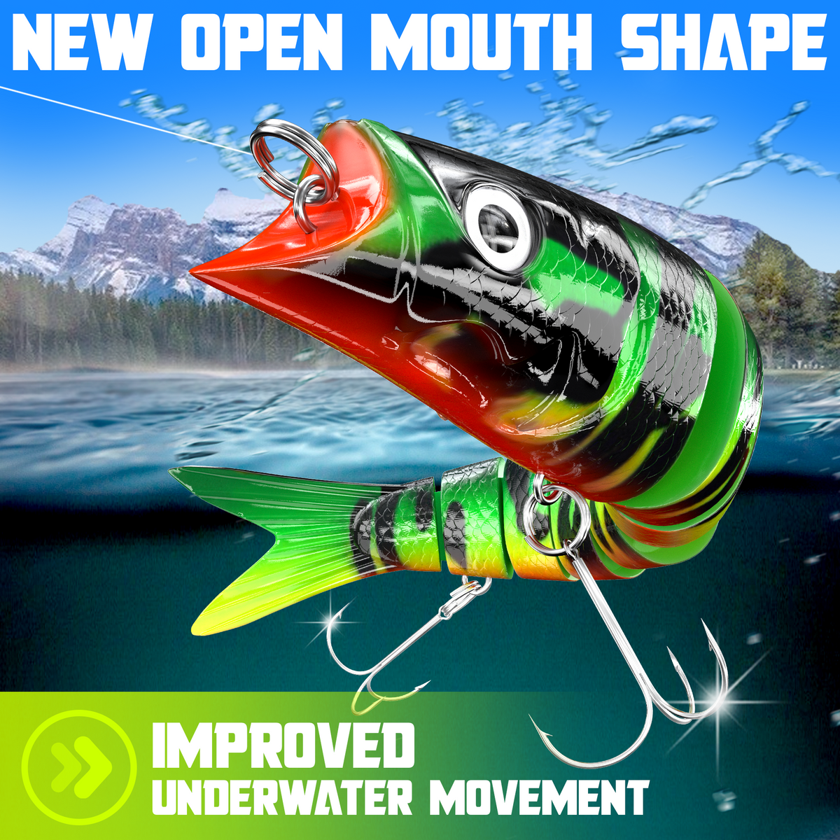 Jointed swimbait with new open mouth shape for improved underwater swimming action – pike and bass lure