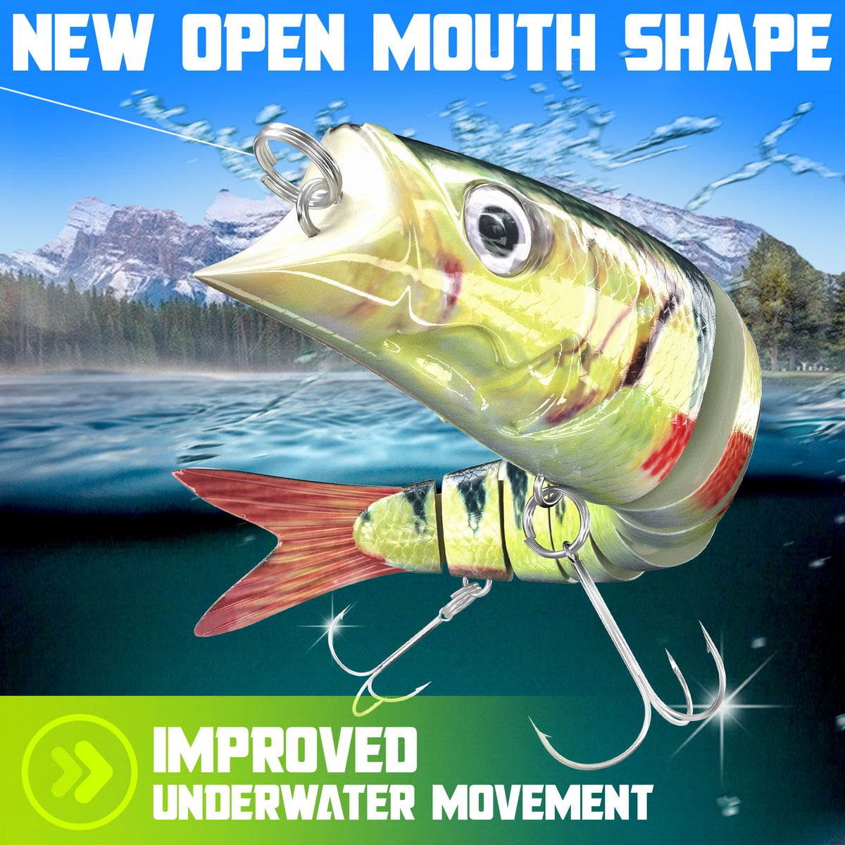 Perch pattern jointed swimbait with new open mouth shape for improved underwater movement – bass and pike lure