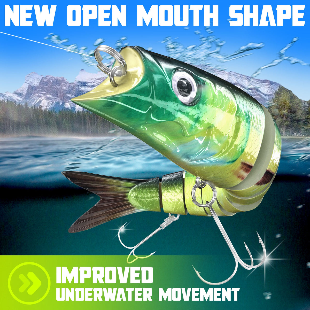 Bluegill pattern jointed swimbait with new open mouth shape for improved underwater movement – largemouth bass lure