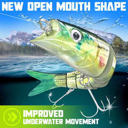 Jointed swimbait with new open mouth shape for improved underwater movement – bass and pike lure