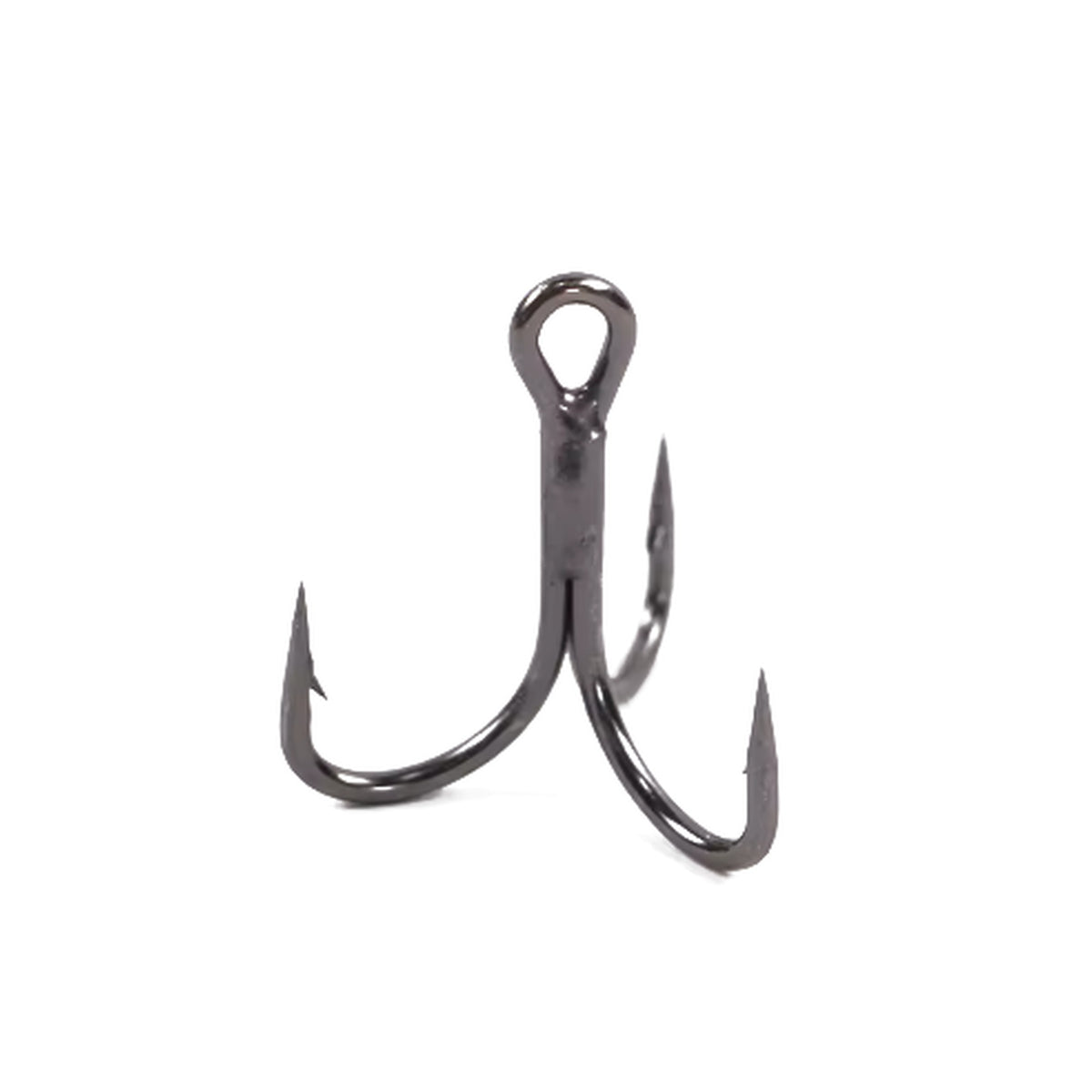 Close-up of INNOTAK black nickel treble hook with ringed eye and sharp barbed points