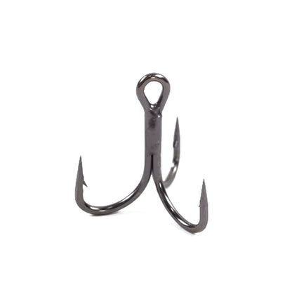 Close-up of INNOTAK black nickel treble hook with ringed eye and sharp barbed points