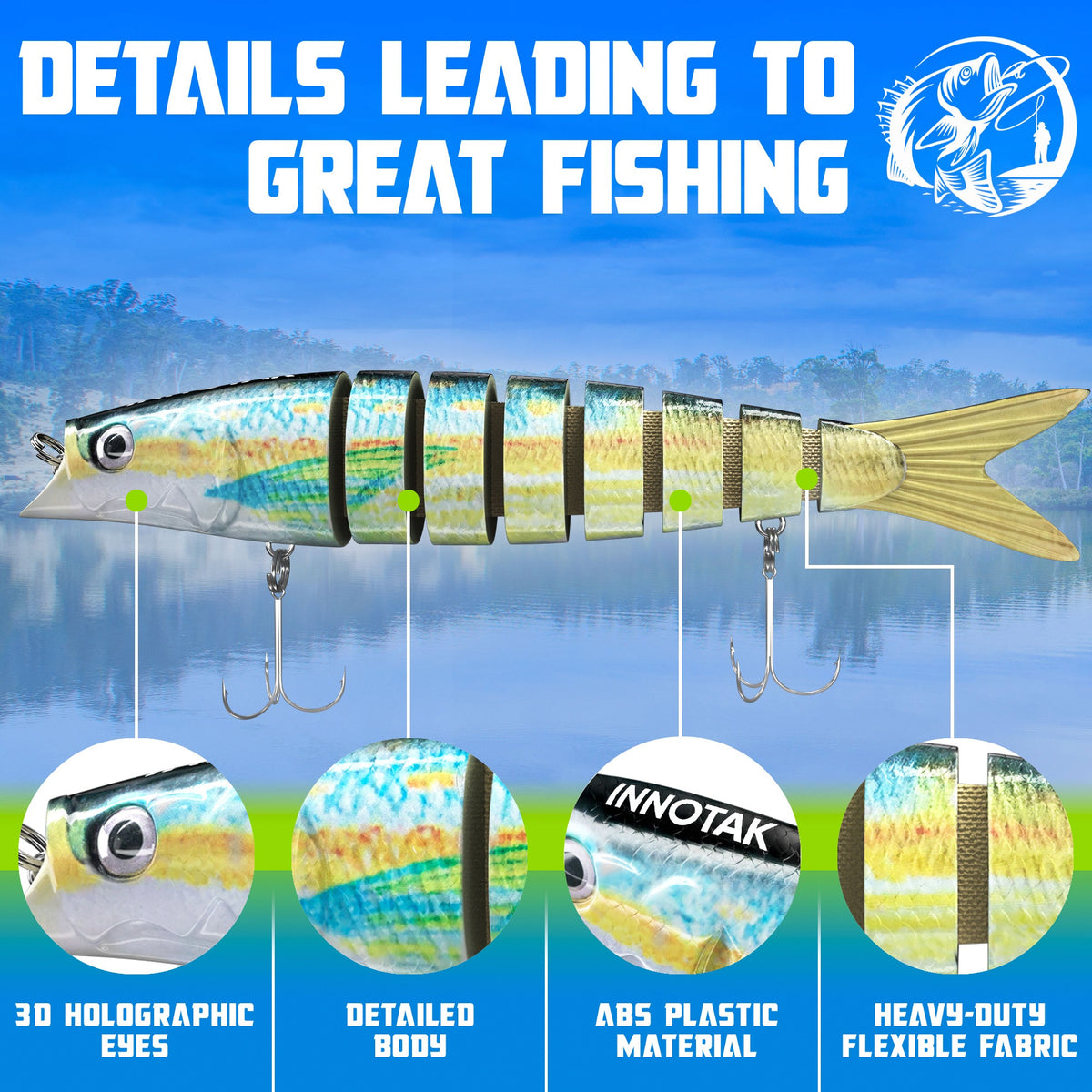 Swimbait details: 3D holographic eyes, detailed silver shad scale body, ABS plastic, heavy-duty flexible fabric joints