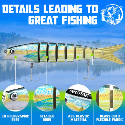 Swimbait details: 3D holographic eyes, detailed silver shad scale body, ABS plastic, heavy-duty flexible fabric joints
