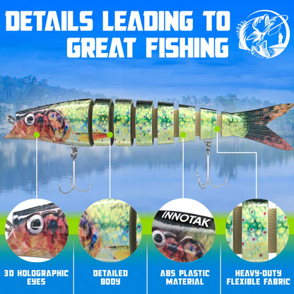 Swimbait details: 3D holographic eyes, detailed speckled rainbow trout body, ABS plastic, heavy-duty flexible fabric joints