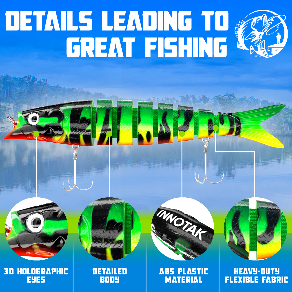 Multi-segment swimbait details: 3D holographic eyes, detailed scale body, ABS plastic, heavy-duty flexible fabric joints