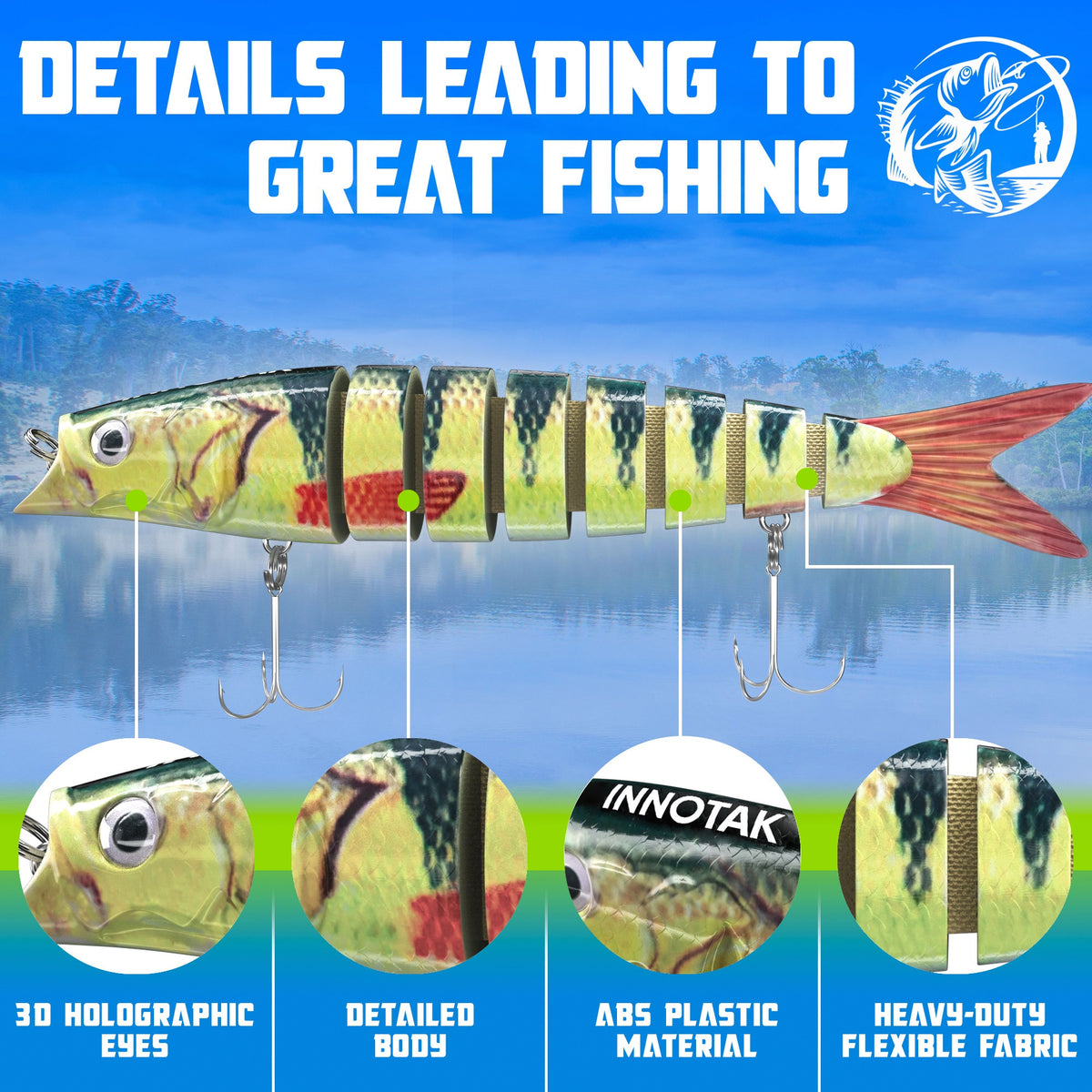 Swimbait details: 3D holographic eyes, detailed perch scale body, ABS plastic, heavy-duty flexible fabric joints