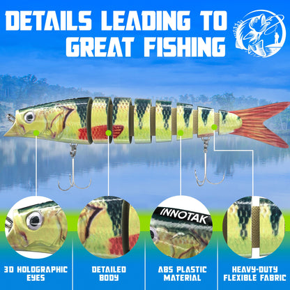 Swimbait details: 3D holographic eyes, detailed perch scale body, ABS plastic, heavy-duty flexible fabric joints