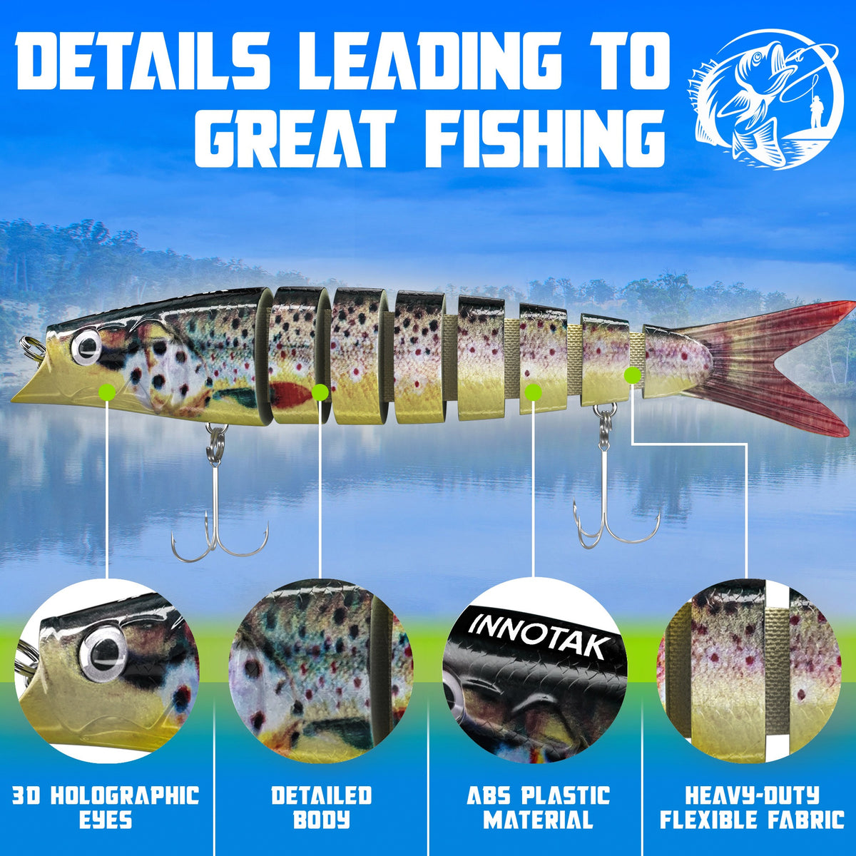 Swimbait details: 3D holographic eyes, detailed spotted trout body, ABS plastic, heavy-duty flexible fabric joints