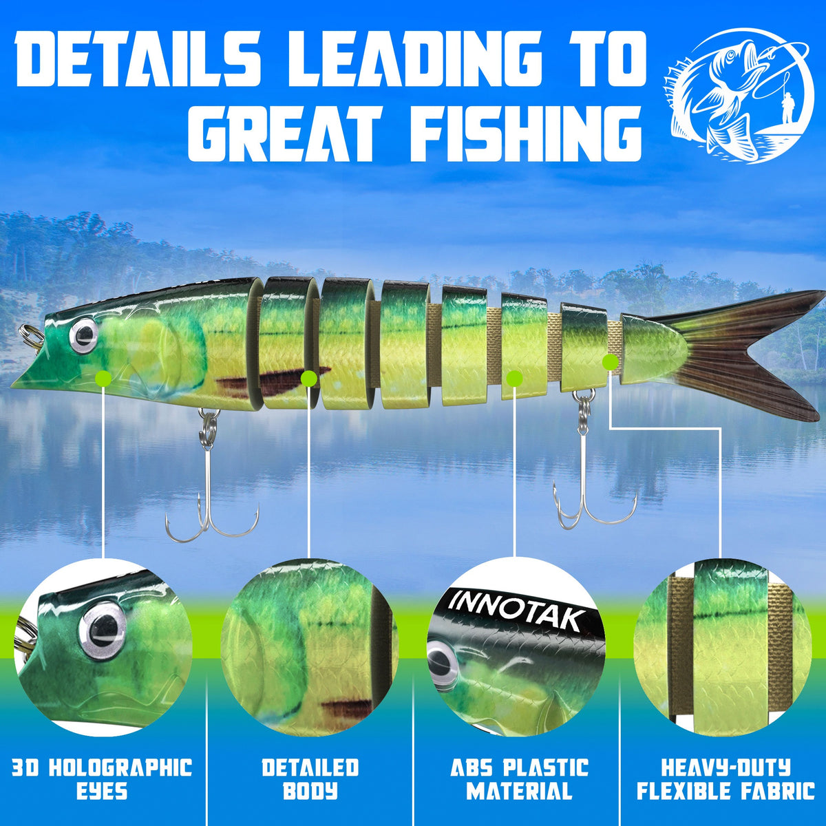 Swimbait details: 3D holographic eyes, detailed bluegill scale body, ABS plastic, heavy-duty flexible fabric joints