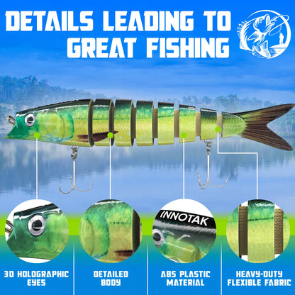 Swimbait details: 3D holographic eyes, detailed bluegill scale body, ABS plastic, heavy-duty flexible fabric joints