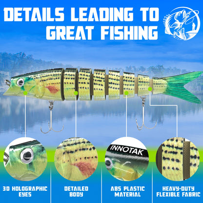Swimbait details: 3D holographic eyes, detailed scale body, ABS plastic, heavy-duty flexible fabric joints