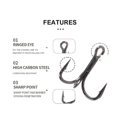 Treble hook features: ringed eye, high carbon steel corrosion resistant, sharp barbed point for strong penetration