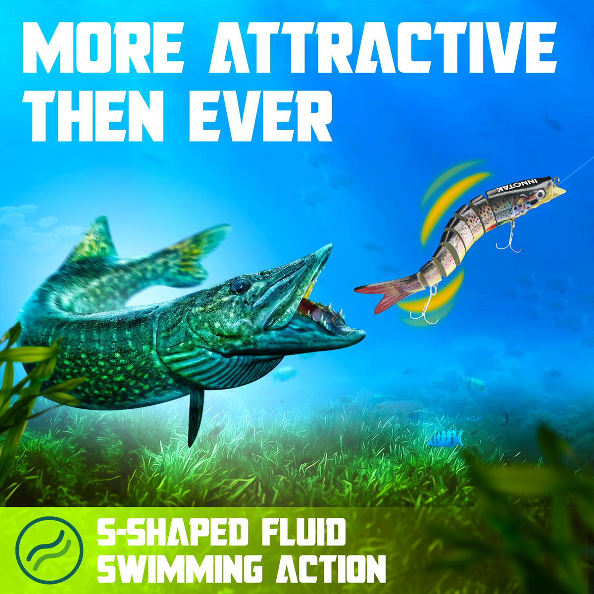 S-shaped fluid swimming action of INNOTAK trout swimbait attracting a northern pike