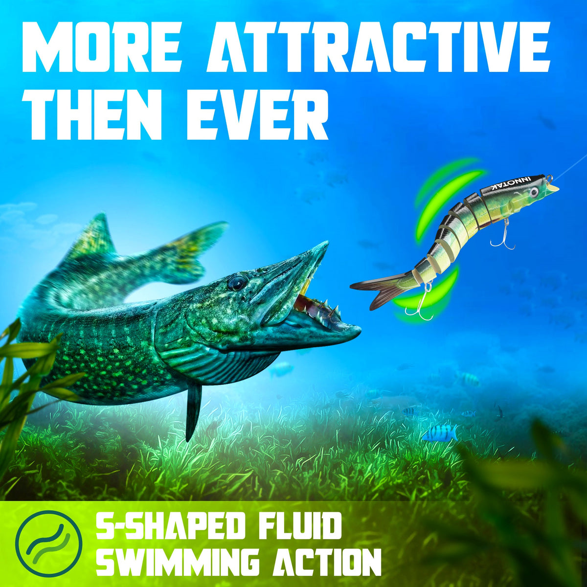 S-shaped fluid swimming action of INNOTAK bluegill swimbait attracting a northern pike