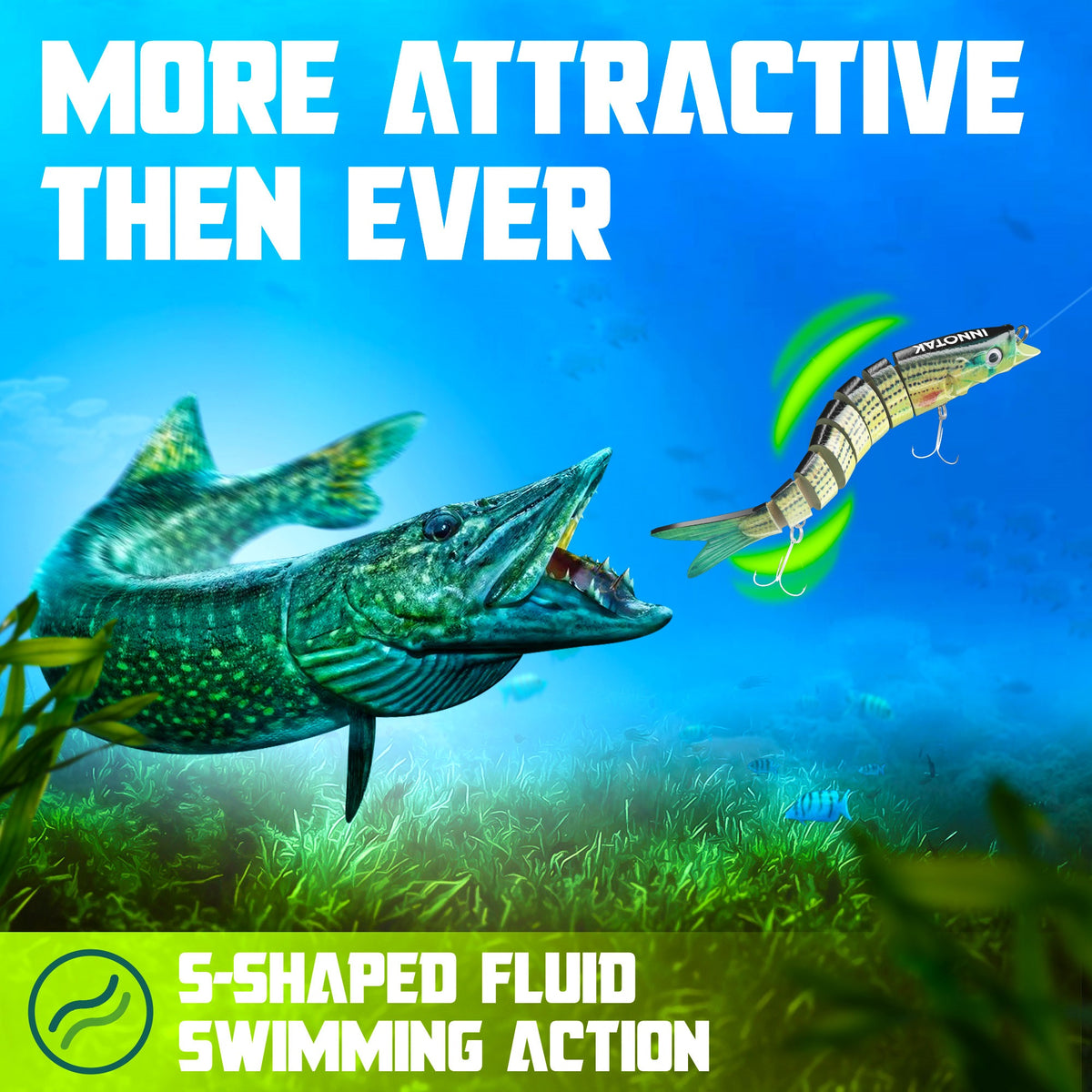 S-shaped fluid swimming action of INNOTAK jointed swimbait attracting a northern pike