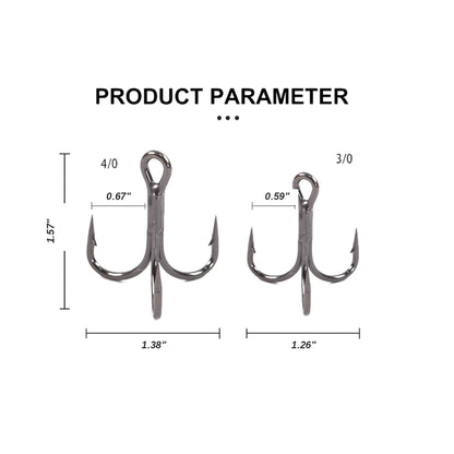Treble hook size chart: 4/0 1.57 inch tall 0.67 inch gap 1.38 inch wide; 3/0 0.59 inch gap 1.26 inch wide