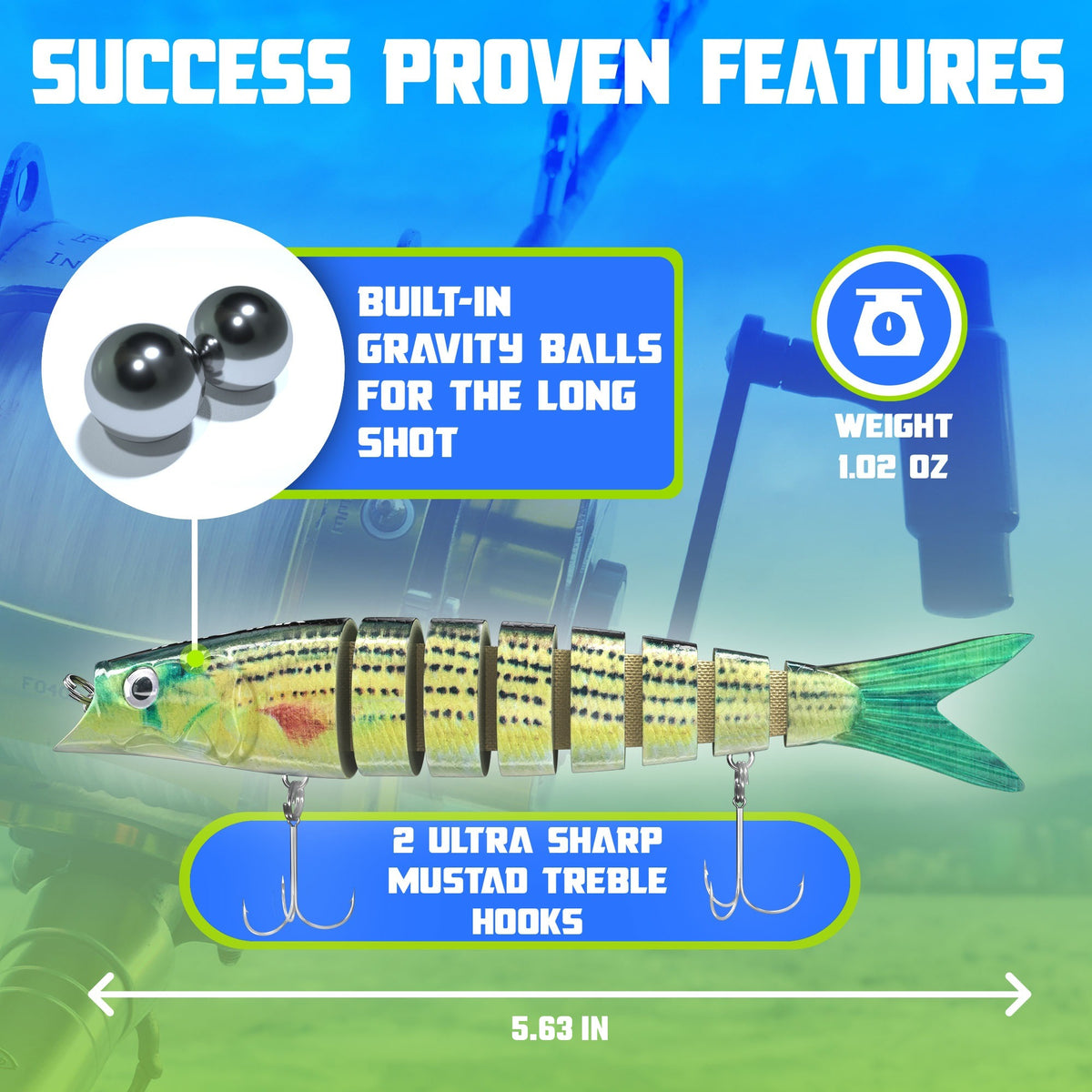 Swimbait features: built-in gravity balls for long casts, 1.02 oz weight, 5.63 inch length, 2 ultra sharp Mustad treble hooks