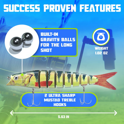 Swimbait features: built-in gravity balls for long casts, 1.02 oz weight, 5.63 inch length, 2 ultra sharp Mustad treble hooks