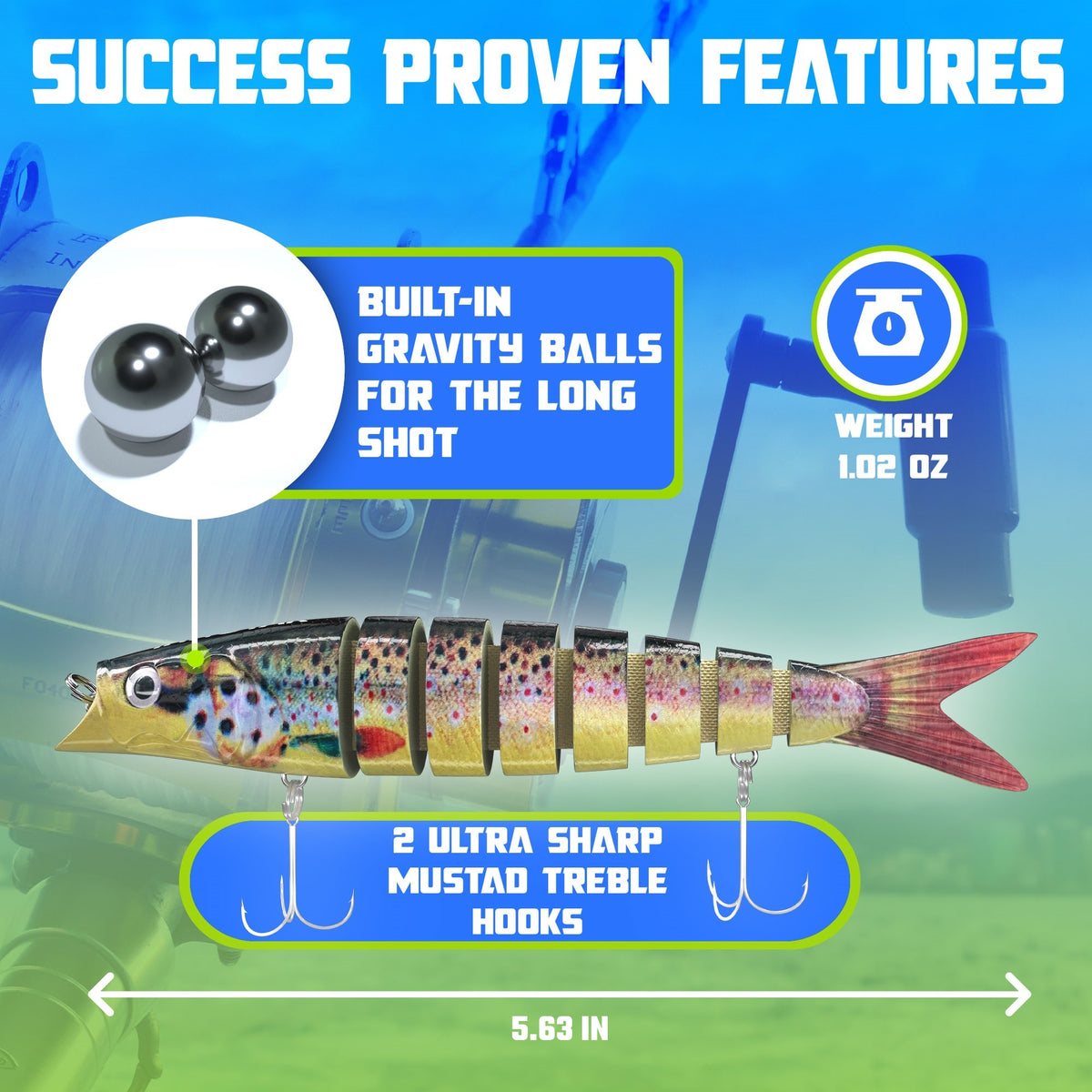 Swimbait features: built-in gravity balls for long casts, 1.02 oz weight, 5.63 inch length, 2 ultra sharp Mustad treble hooks