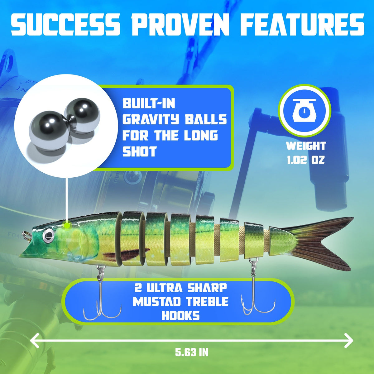 Swimbait features: built-in gravity balls for long casts, 1.02 oz weight, 5.63 inch length, 2 ultra sharp Mustad treble hooks