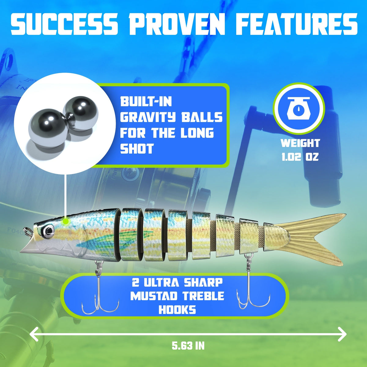 Swimbait features: built-in gravity balls for long casts, 1.02 oz weight, 5.63 inch length, 2 ultra sharp Mustad treble hooks
