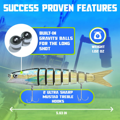 Swimbait features: built-in gravity balls for long casts, 1.02 oz weight, 5.63 inch length, 2 ultra sharp Mustad treble hooks
