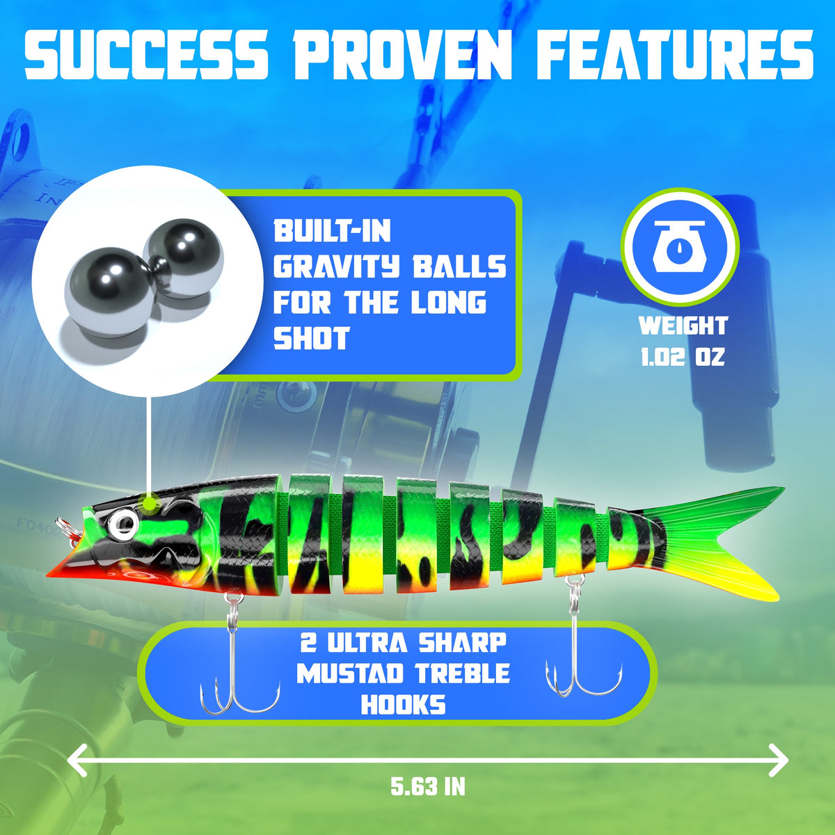 INNOTAK swimbait features: built-in gravity balls for long casts, 1.02 oz weight, 5.63 inch length, 2 ultra sharp Mustad treble hooks
