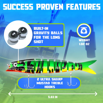 INNOTAK swimbait features: built-in gravity balls for long casts, 1.02 oz weight, 5.63 inch length, 2 ultra sharp Mustad treble hooks