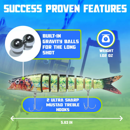 Swimbait features: built-in gravity balls for long casts, 1.02 oz weight, 5.63 inch length, 2 ultra sharp Mustad treble hooks