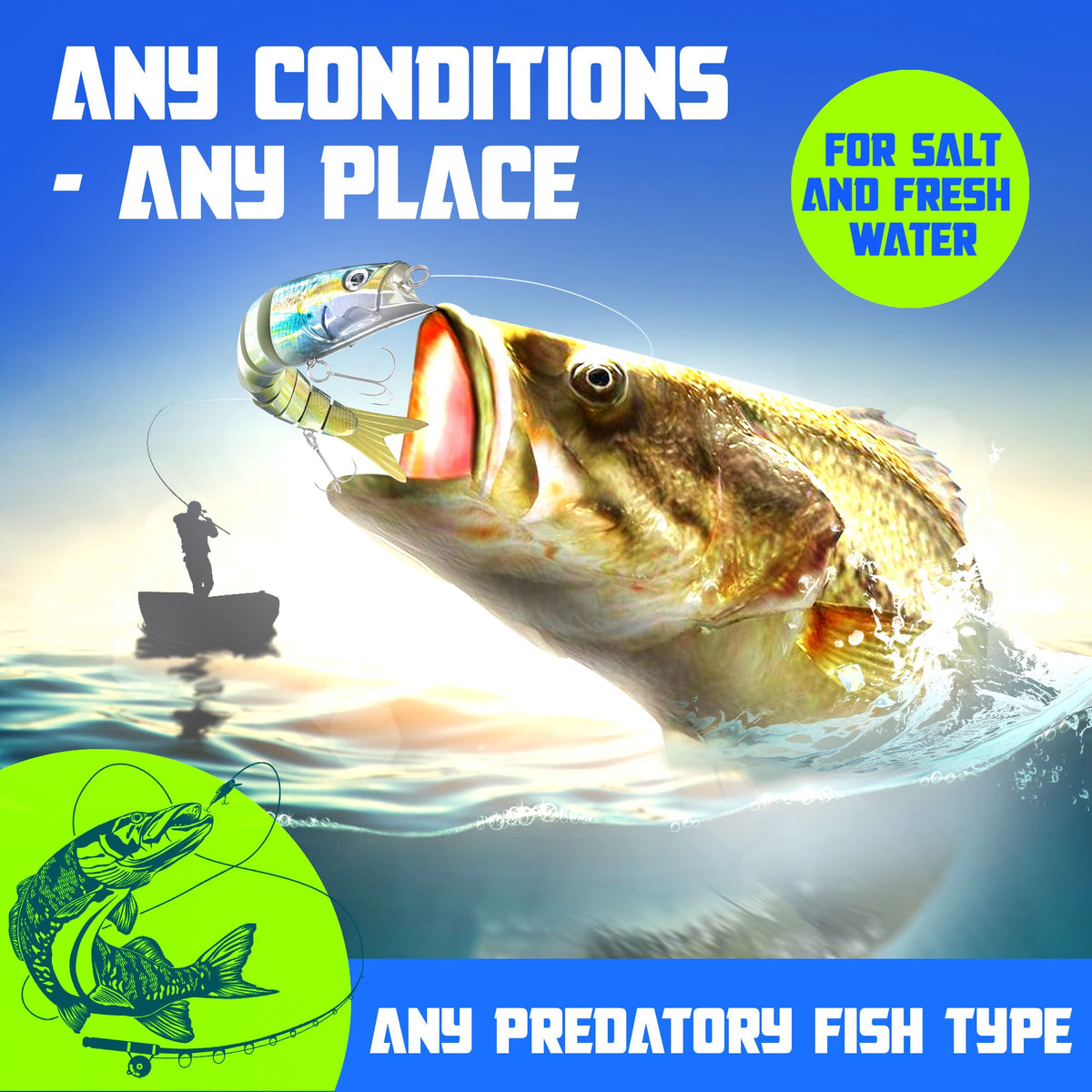Shad color fishing lure for saltwater and freshwater – bass striking a jointed swimbait
