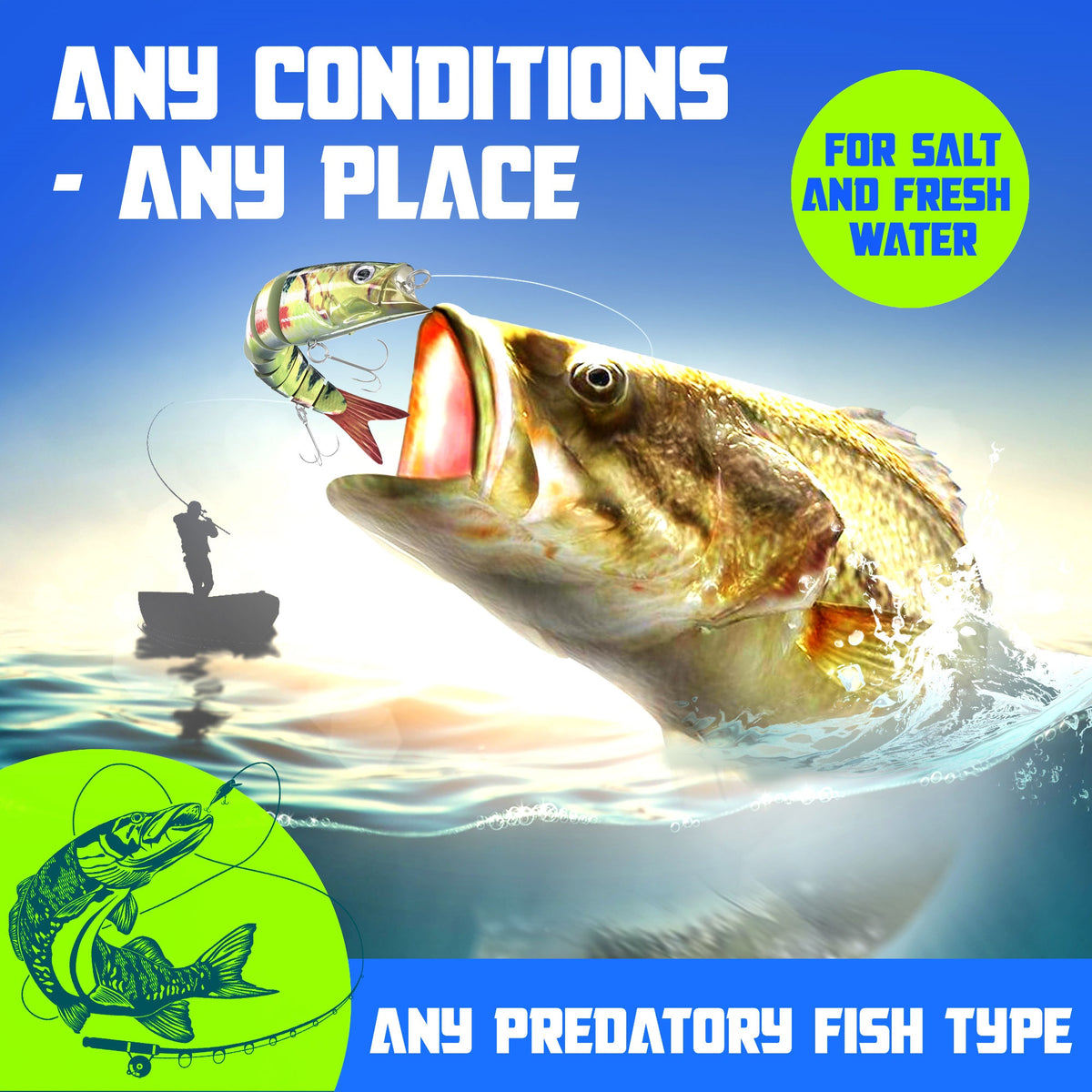 Perch color fishing lure for saltwater and freshwater – bass striking a jointed swimbait