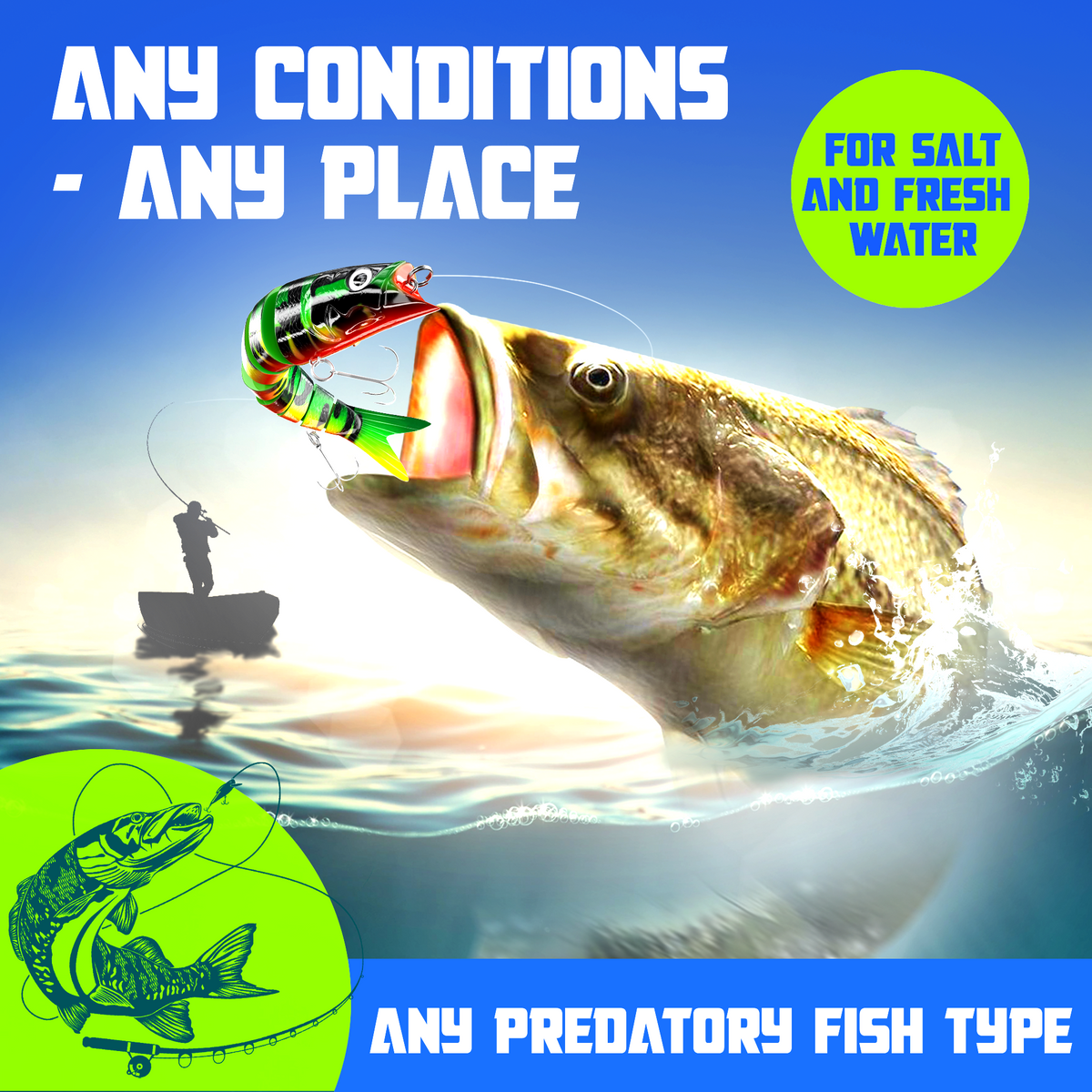 Swimbait lure for saltwater and freshwater fishing – bass striking a jointed lure, any predatory fish