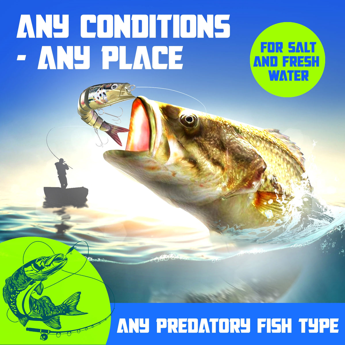 Trout color fishing lure for saltwater and freshwater – bass striking a jointed swimbait