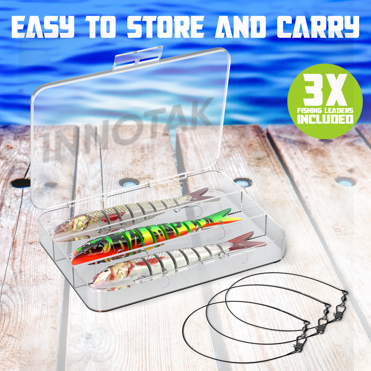 Set of 3 swimbaits in clear tackle box with 3 steel fishing leaders included