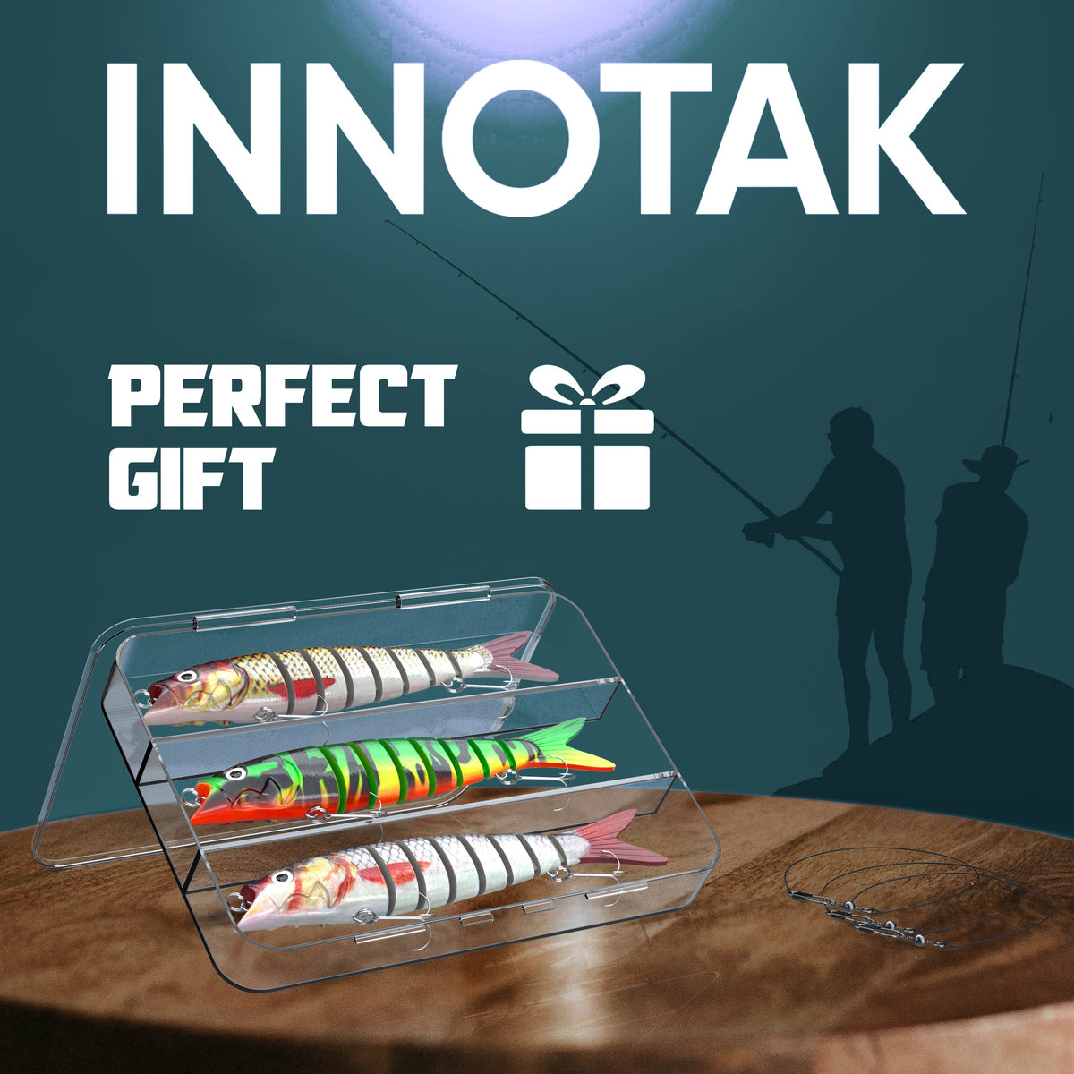 INNOTAK fishing lure gift set – 3 jointed swimbaits in clear tackle box with steel leaders, perfect gift for anglers
