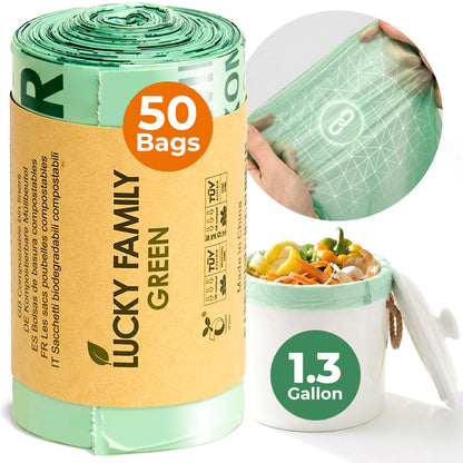 Compostable Trash Bags for Kitchen Compost Bins – 1.3 Gallon Small Compost Bags for Countertop Bin, Green Compostable Bags, BPI & OK Industrial Certified, Leak-Proof Food Waste Bags (50 Count)