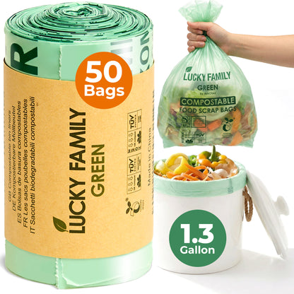 Compostable Trash Bags for Kitchen Compost Bins – 1.3 Gallon Small Compost Bags for Countertop Bin, Green Compostable Bags, BPI & OK Industrial Certified, Leak-Proof Food Waste Bags (50 Count)