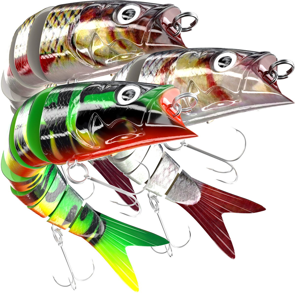 Three INNOTAK jointed swimbait bass lures in fire tiger and two natural shad colors