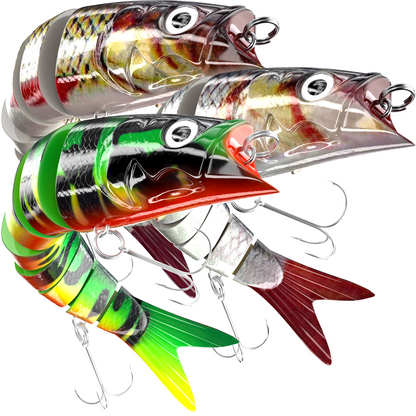 Three INNOTAK jointed swimbait bass lures in fire tiger and two natural shad colors
