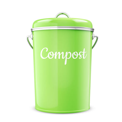 Lucky Family Green Countertop Compost Bin with Lid - 1.3 Gal Stainless Steel Compost Pail for Kitchen - Bucket Composter Container Indoor Outdoor - 50 Biodegradable Bags and 6 Charcoal Filters – Green
