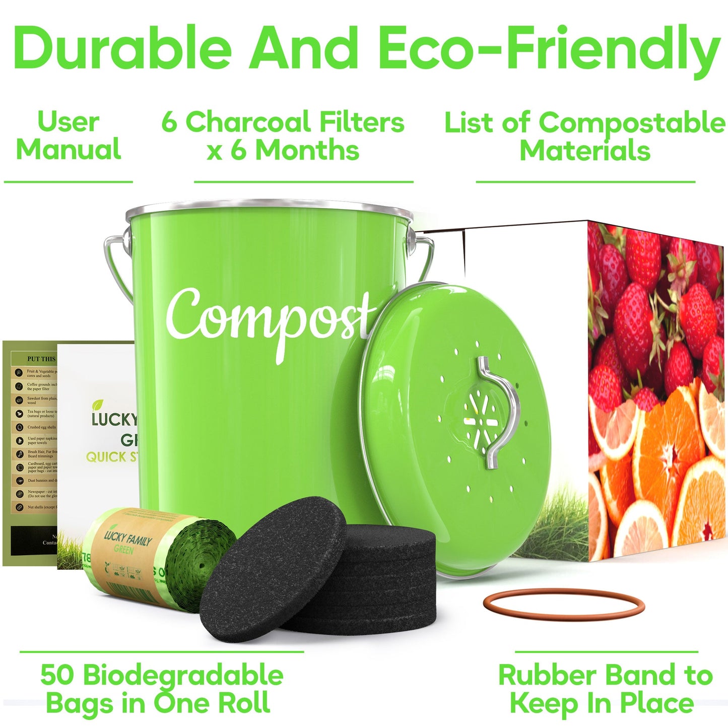 Lucky Family Green Countertop Compost Bin with Lid - 1.3 Gal Stainless Steel Compost Pail for Kitchen - Bucket Composter Container Indoor Outdoor - 50 Biodegradable Bags and 6 Charcoal Filters – Green